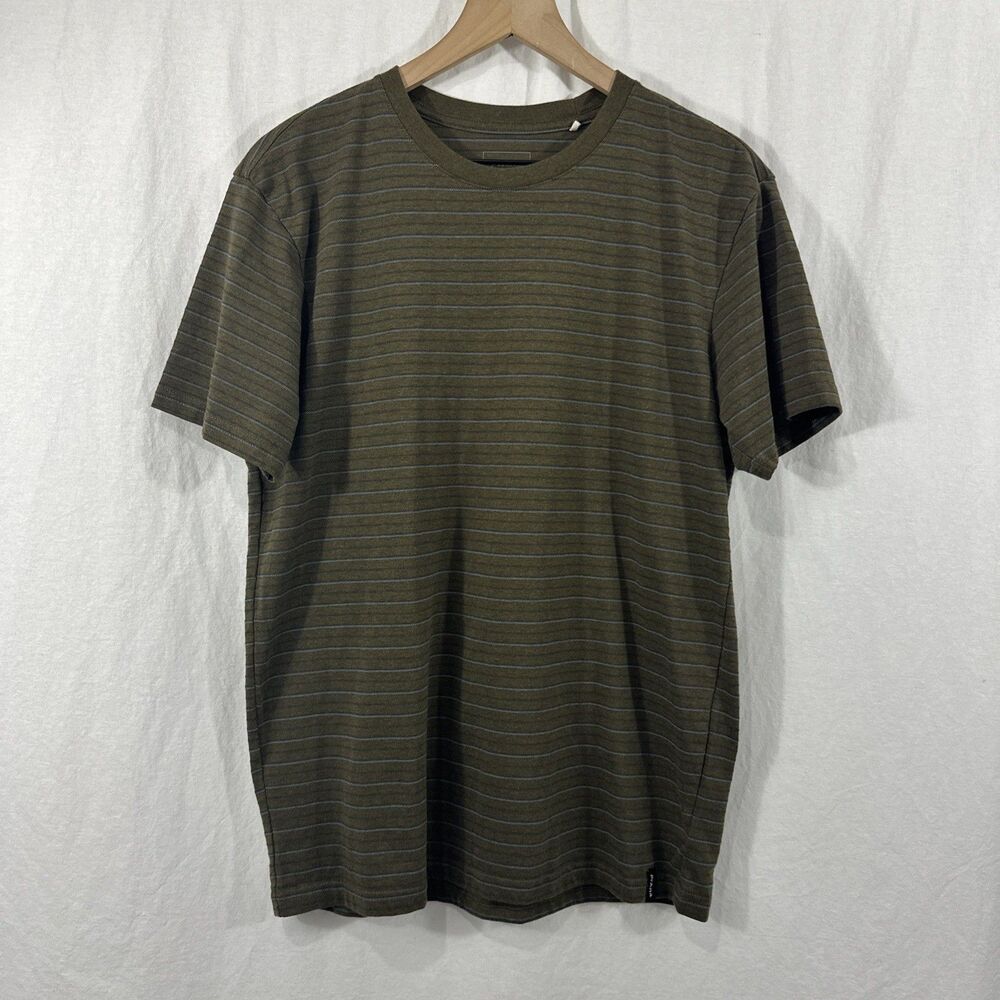 Prana Mens Organic Cotton Green Striped Crew T- Shirt Sz M Granola Preppy Skater
